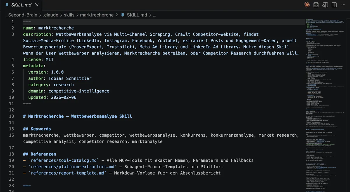 Blick in ein echtes Skill-File: die SKILL.md des Marktrecherche-Skills mit Name, Beschreibung, Keywords und Referenzen auf Tool-Katalog, Plattform-Extraktoren und Report-Vorlage