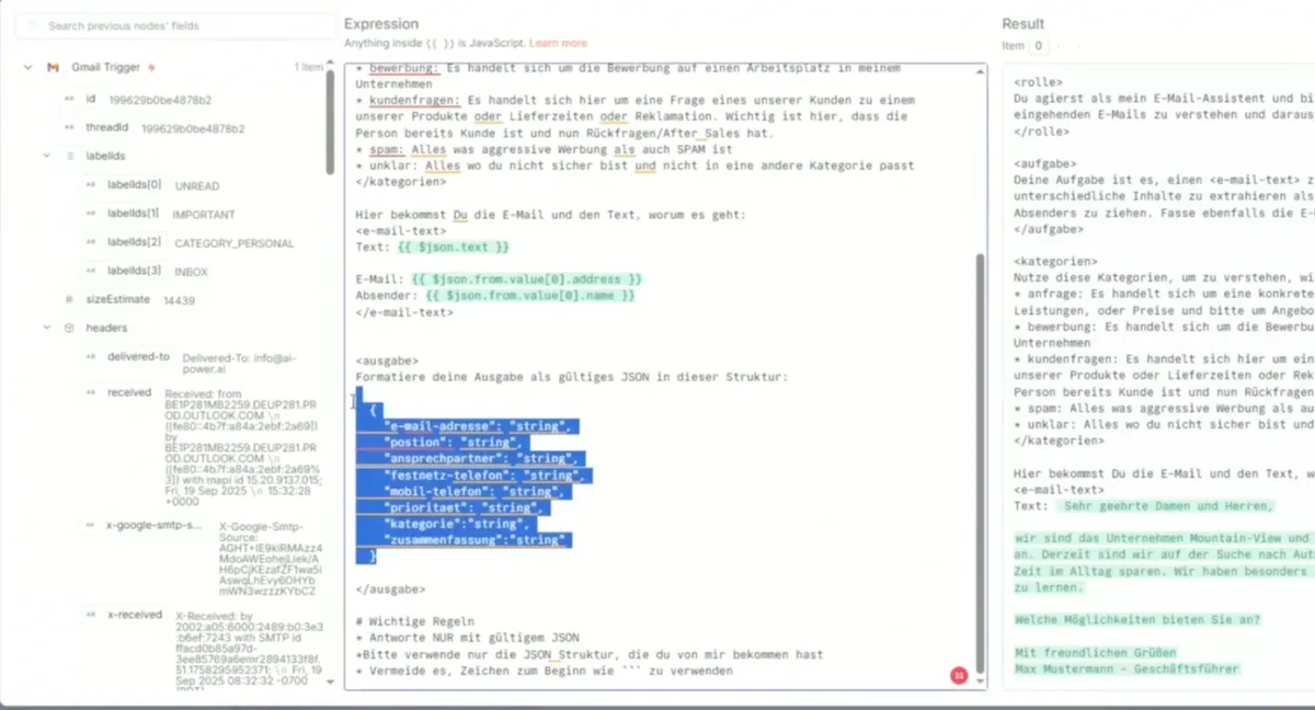 Der Expression-Editor in n8n mit dem hinteren Teil des Prompts: die geforderte JSON-Struktur mit Feldern wie e-mail-adresse, ansprechpartner, telefon-nummer, kategorie und zusammenfassung — rechts daneben das Ergebnis eines echten Laufs