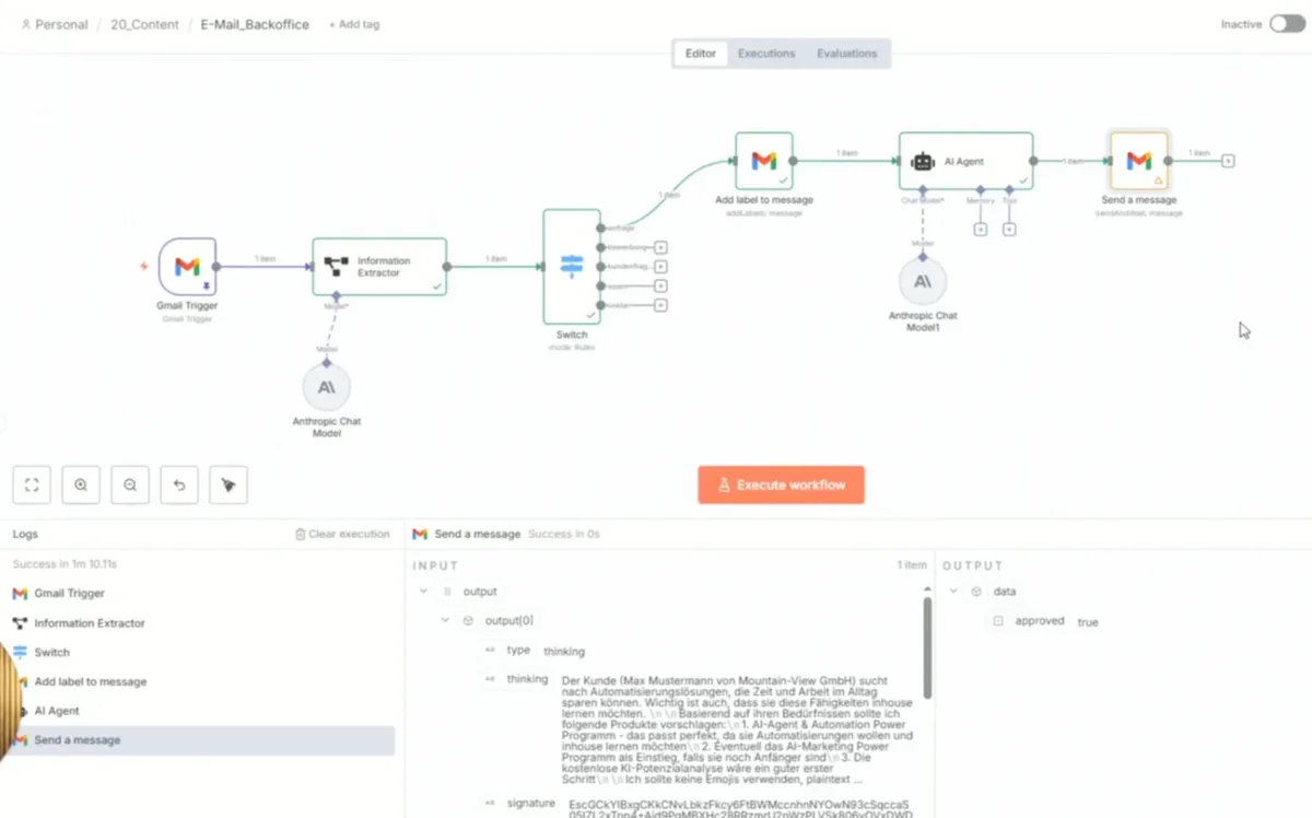 Der komplette E-Mail-Backoffice-Workflow in n8n während einer echten Ausführung: hinter der Switch-Node der Anfrage-Pfad mit Add label to message, AI Agent und Send a message — unten das Ausführungs-Log mit dem generierten Antwort-Entwurf