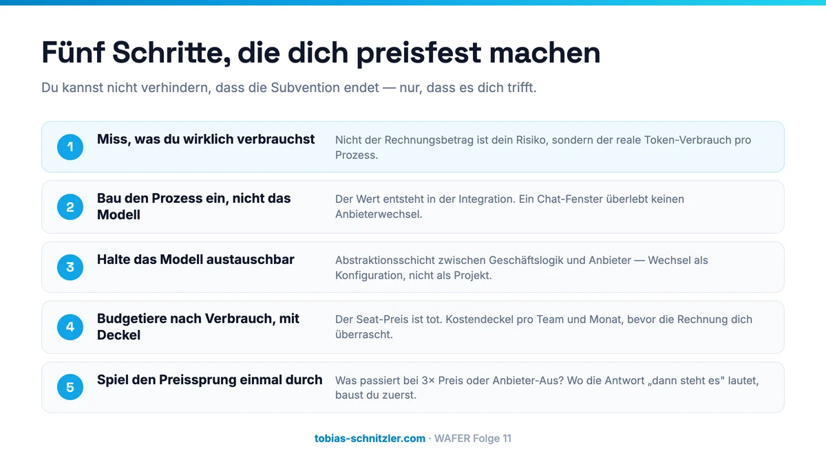 Übersichtsgrafik mit fünf nummerierten Schritten: Miss, was du wirklich verbrauchst. Bau den Prozess ein, nicht das Modell. Halte das Modell austauschbar. Budgetiere nach Verbrauch, mit Deckel. Spiel den Preissprung einmal durch.