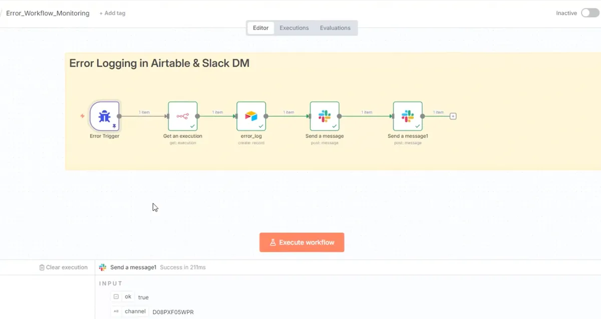 Der komplette Monitoring-Workflow in n8n: Error Trigger → Get an execution → Error-Log nach Airtable → Slack-Nachricht — fünf Nodes überwachen alle anderen Workflows
